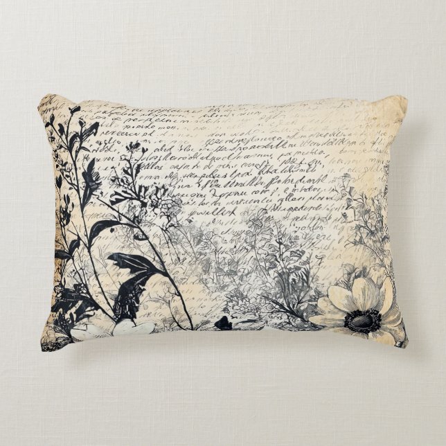 Sepia Wildflower Manuscript Botanical Art Decorative Cushion (Front)