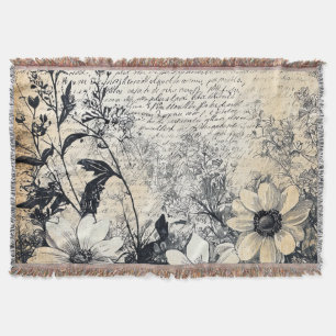 Sepia Wildflower Manuscript Botanical Art Throw Blanket