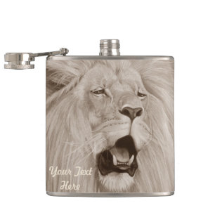 sepia wildlife painting of big cat roaring lion hip flask