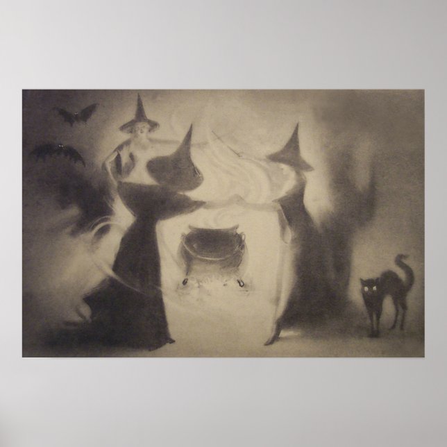 Sepia Witch Bat Night Cauldron Black Cat Poster (Front)