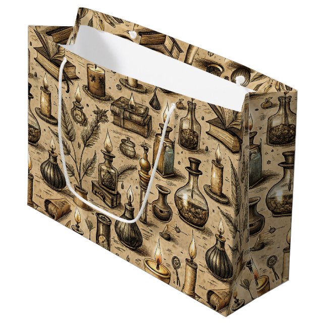 Sepia Witchcraft Alchemy Books Potion Vintage Large Gift Bag (Front Angled)