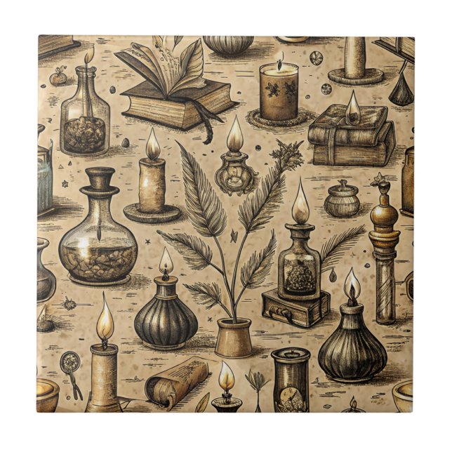 Sepia Witchcraft Alchemy Books Potion Vintage Tile (Front)