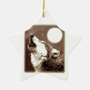 Sepia Wolf & Moon Ceramic Tree Decoration