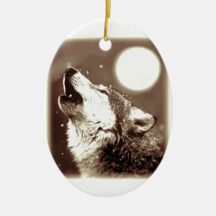Sepia Wolf & Moon Ceramic Tree Decoration