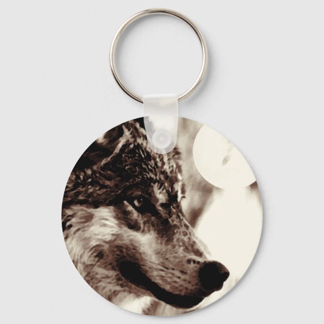 Sepia Wolf & Moon Key Ring (Front)