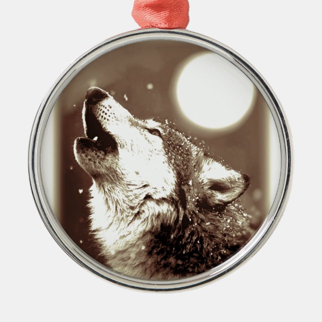 Sepia Wolf & Moon Metal Tree Decoration (Front)