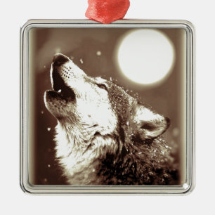 Sepia Wolf & Moon Metal Tree Decoration