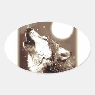 Sepia Wolf & Moon Oval Sticker