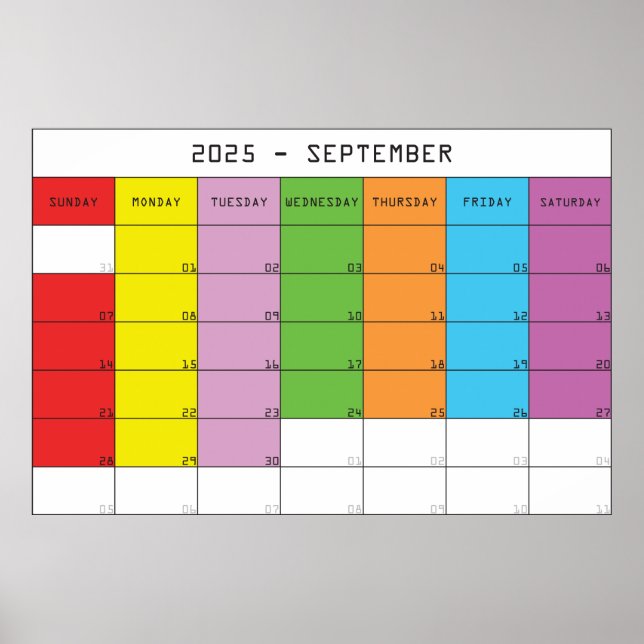 September 2025 colour days calendar planer poster (Front)