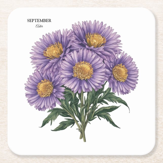 September Aster Birth Month Custom Floral Art Square Paper Coaster (Front)