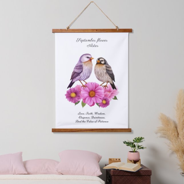 September Aster Flower with Birds Birth Gift  Hanging Tapestry (Bedroom)