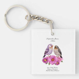 September Aster Flower with Birds Birth Gift Key Ring