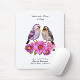 September Aster Flower with Birds Birth Gift Mouse Mat