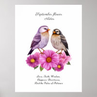 September Aster Flower with Birds Birth Gift 