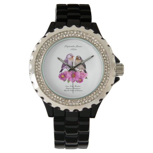 September Aster Flower with Birds Birth Gift  Watch (Front)