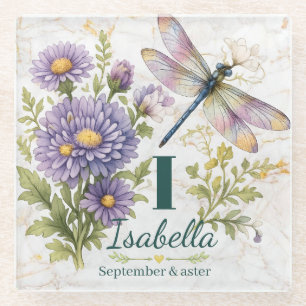 September Birth Flower Aster & Dragonfly Glass Coaster