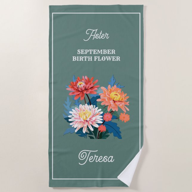 September Birth Flower Custom Name Beach Towel (Front)