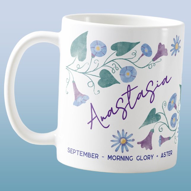 September Birth Flower Custom Name Morning Glory Coffee Mug (September birth month flower personalized custom name morning glory aster coffee mug gift)