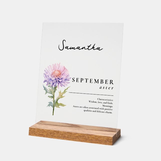 September Birth Month Flower Aster Personalised Acrylic Sign (Angle)