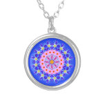 September Birth Month Flower Blue Zen Mandala Silver Plated Necklace<br><div class="desc">Embrace the essence of your birth month with my mesmerising September birth month flower sacred geometry mandala Zen art necklace. My unique and distinctive mandala design showcases purple aster and the pink morning glory , the gorgeous flowers that symbolise the ninth month of the year and flaunts your distinctive personality....</div>