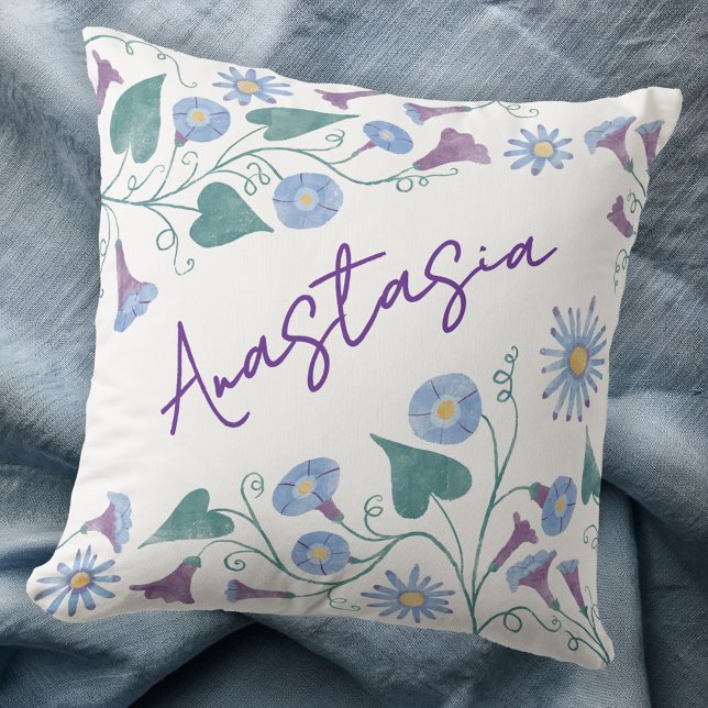 September Birth Month Morning Glory Personalized Cushion (September birthday birth month flower morning glory aster personalized custom name throw pillow gift)