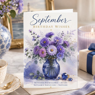 September Birthday Wishes Asters Sapphire Birthday Card
