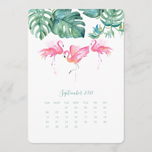 September Calendar Card, Pink Flamingo Menu (Front)
