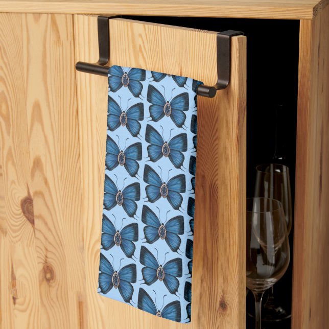 September Sapphire Blue Butterfly Pattern Design Tea Towel (Thirds Fold)