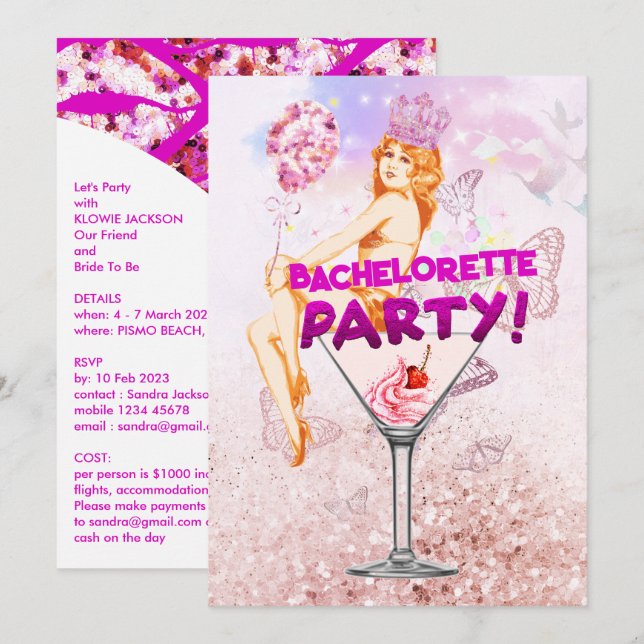 Sequence Pink Glitzy Bachelorette Party Invitation (Front/Back)