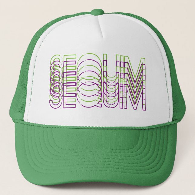 Sequim: Purple and Green Typography Word Art Trucker Hat (Front)