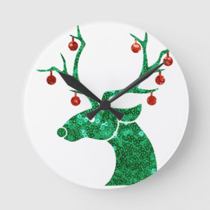 sequin christmas reindeer round clock