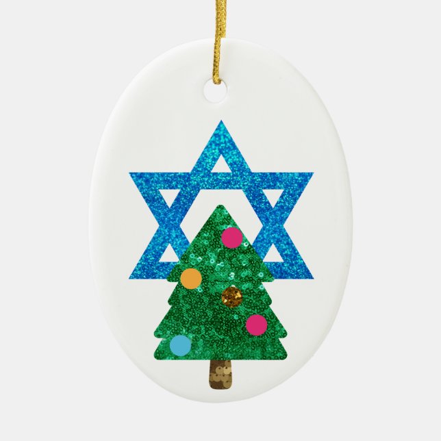 sequin christmukkah hanukkah ceramic ornament (Front)