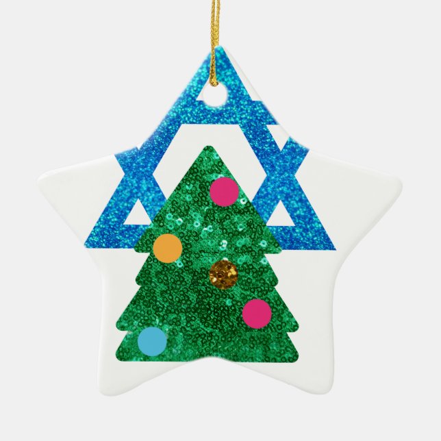sequin christmukkah hanukkah ceramic tree decoration (Front)