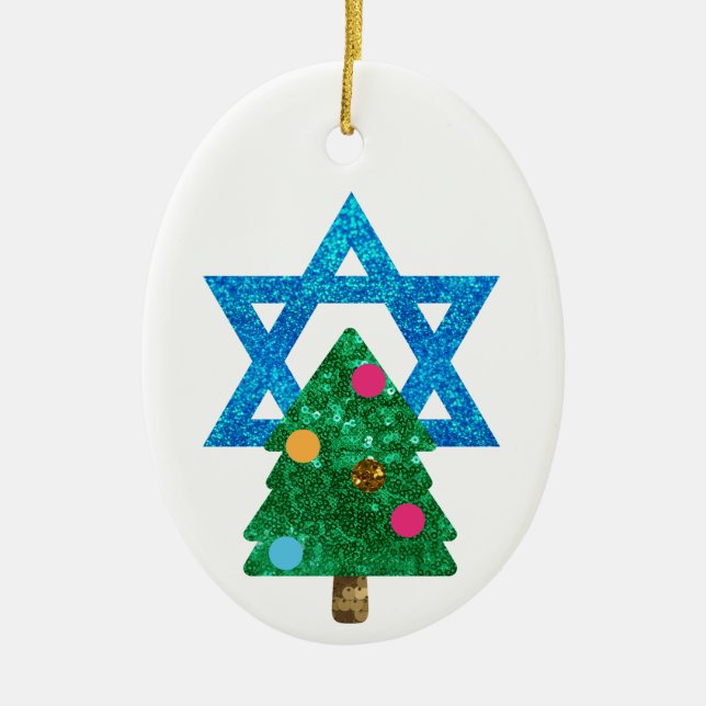 sequin christmukkah hanukkah ceramic tree decoration (Front)