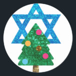sequin christmukkah hanukkah classic round sticker<br><div class="desc">christmukkah, "star of david", "christmas tree", christmas, xmas, "ugly christmas", interfaith, "inter faith", christian, chrismukkah, hanukkah, chanukkah glitter, sequins, jewish, holidays, jew, neon pink blue white blank</div>