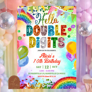 Sequin Glitter Colorful Double Digit Girl Birthday Invitation