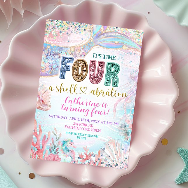 sequin glitter Four Shellebarate Girl birthday inv Invitation (Creator Uploaded)