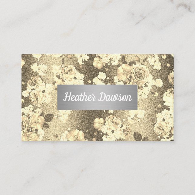 Sequin Glitter Gold Floral Pattern Business Card (Front)