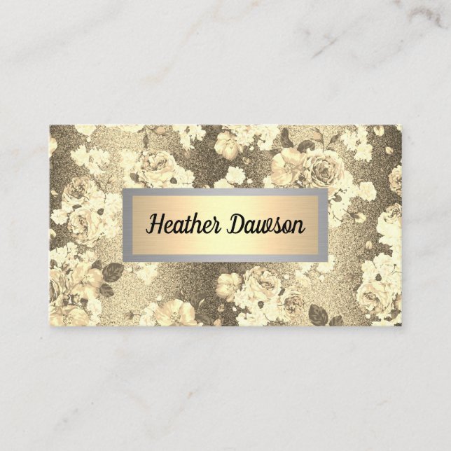 Sequin Glitter Gold Floral Pattern Business Card (Front)