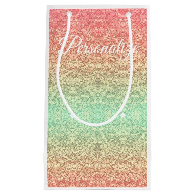 Sequin lace pattern gradient peach gold green small gift bag (Front)