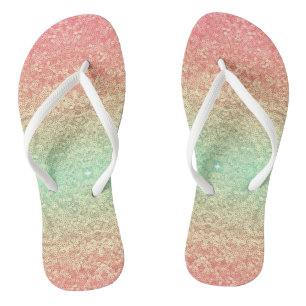 Sequin lace pattern gradient pink gold green flip flops
