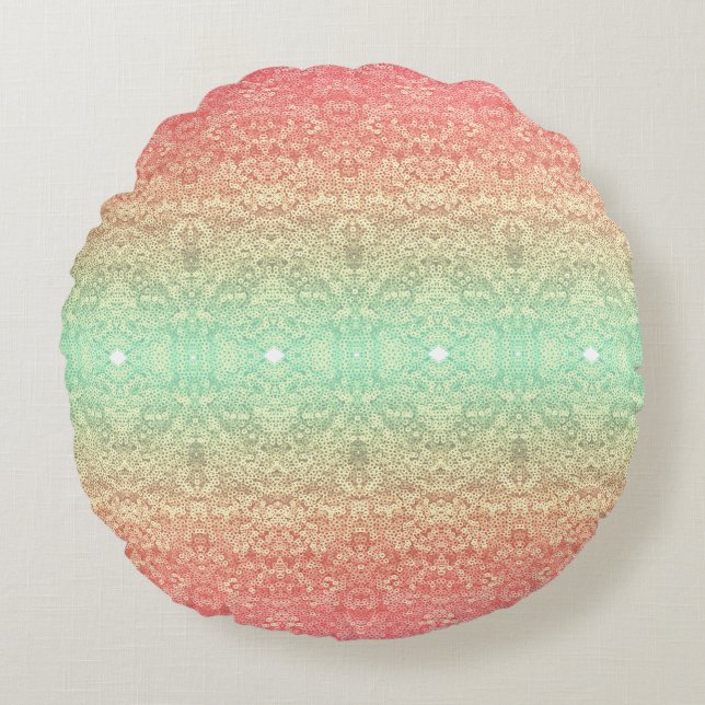 Sequin lace pattern gradient pink gold green round cushion (Front)