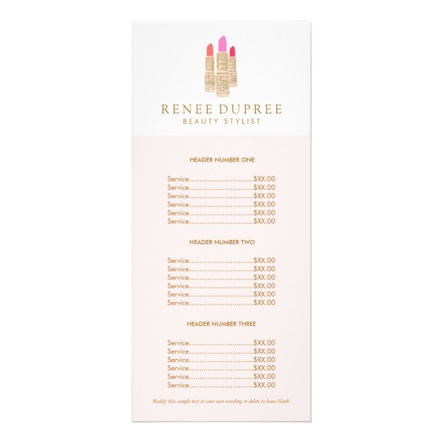 Sequin Lipstick Logo Makeup Artist Pink Price List Rack Card (Front)