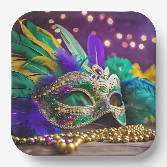 Sequin Mardi Gras Mask With Beads Paper Plate (Front)