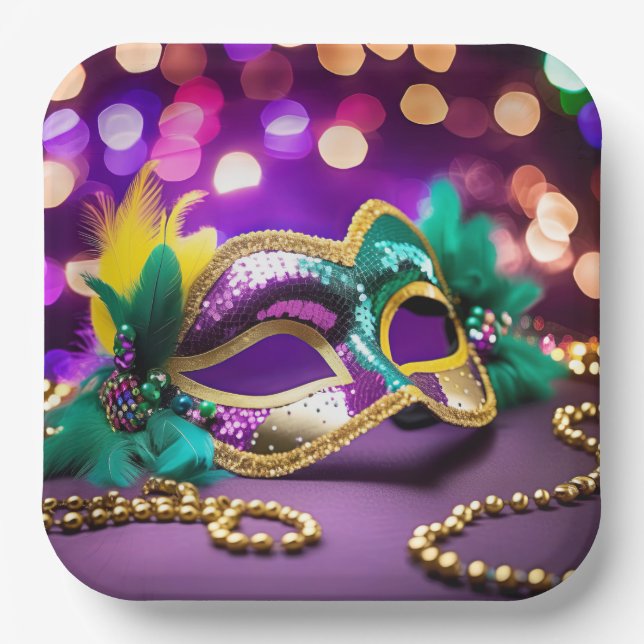 Sequin Mardi Gras Mask With Gold Beads Paper Plate (Front)