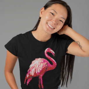 Sequin Printed Tropical Flamingo Pink Bird Black T-Shirt