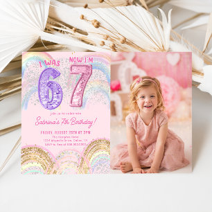 Sequin Rainbow Six Seven 67 Birthday Photo Invitation