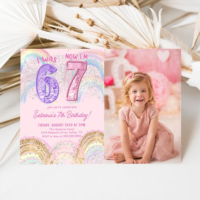 Sequin Rainbow Six Seven 67 Birthday Photo Invitation (Creator Uploaded)
