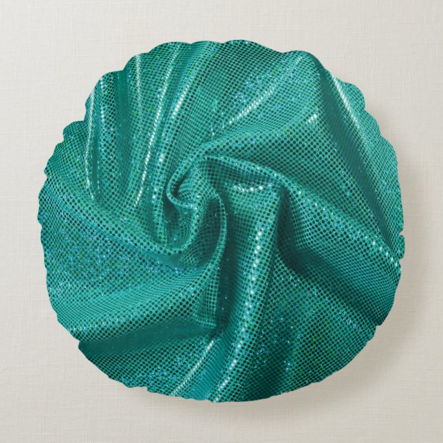 Sequin sparkle glitter teal round cushion (Front)