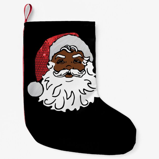 sequined black santa claus small christmas stocking (Front)